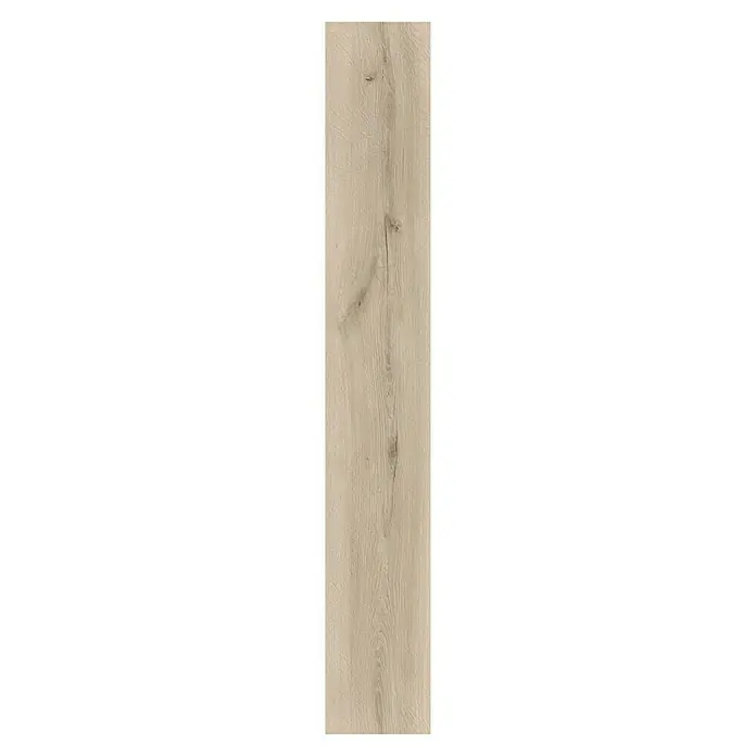 Laminado Hidro Guadiana - 1.200 x 191 x 7,8 mm, AC5, Resistente al agua - Un primer plano muestra una sola lama de suelo de vinilo beige, destacando la veta de madera natural y las texturas sutiles, ideal para espacios modernos.