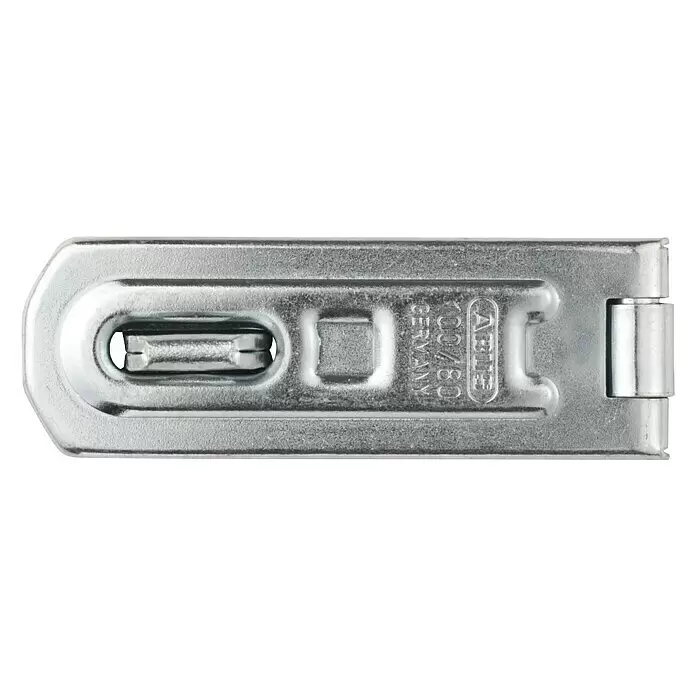 Abus Portacandados 100 - L x An: 80 x 27 mm - Cerrojo metálico de color plateado con bisagra, con ranura alargada para un candado y texto en relieve 'ABUS 100/80 GERMANY'.