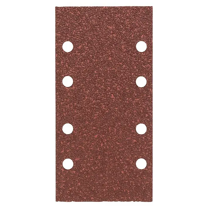 Bosch Set de hojas de lija Expert for Wood and Paint C430 - Grano: 120 mm, 10 ud. - Primer plano de una hoja de papel de lija rectangular con ocho agujeros, utilizada para lijadoras.