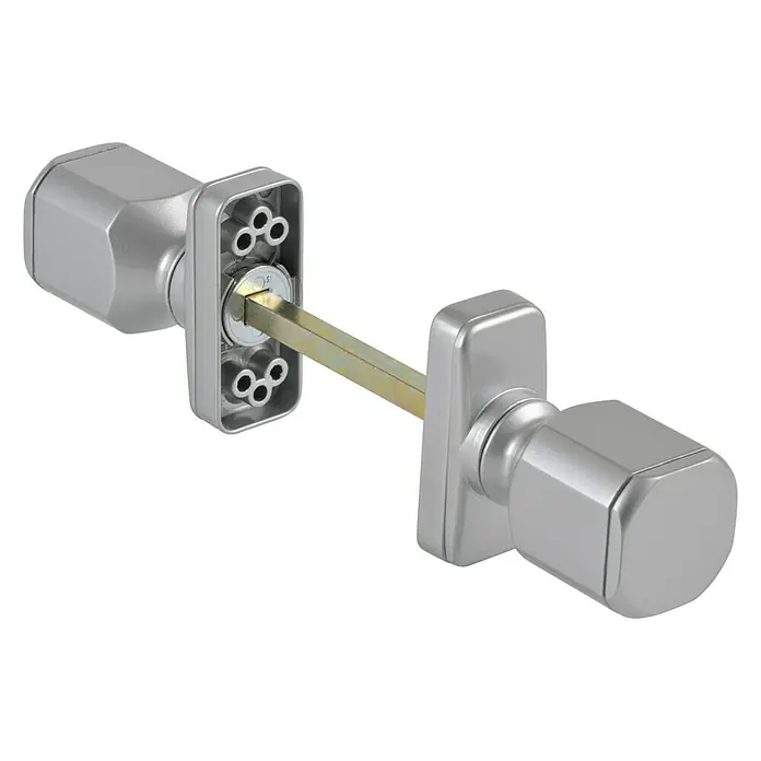Pomo para puerta - Aluminio, Plateado - Primer plano de un pomo de puerta metálico moderno con diseño cuadrado, presentado sobre un fondo negro.