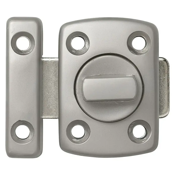 Abus Pestillo deslizante DRD30 - Puerta interior, Níquel - Primer plano de un cerrojo de cañón plateado con orificios para tornillos sobre un fondo negro.