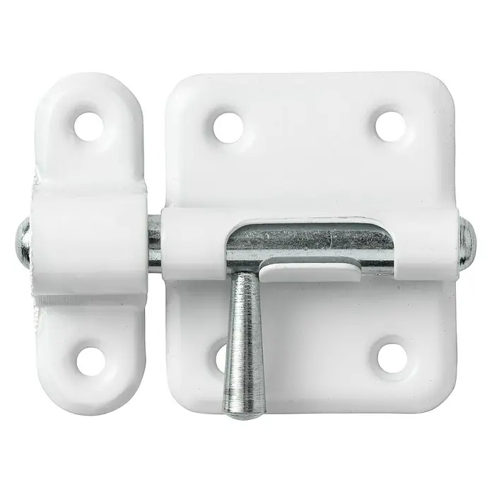 Abus Pestillo deslizante SRR40 - Puerta interior, Blanco - Primer plano de un cerrojo blanco con perno plateado sobre un fondo negro.