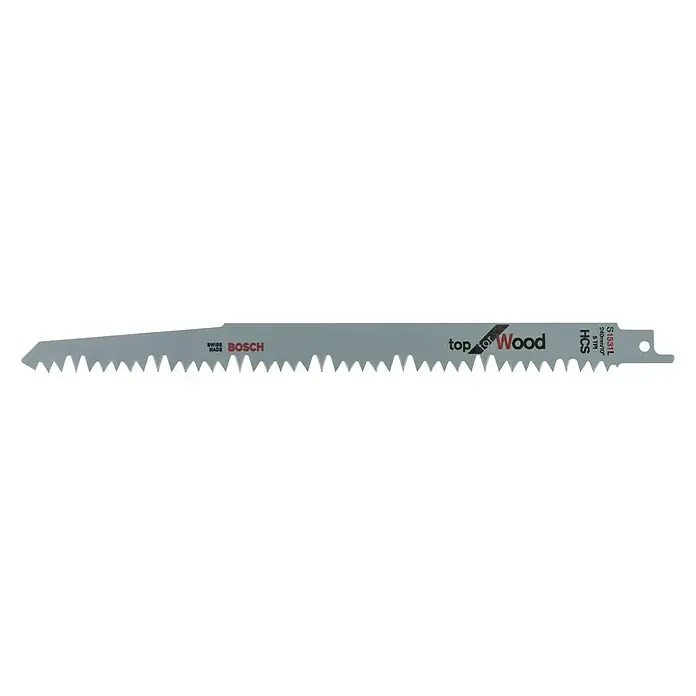Bosch Hoja de sierra de sable S 1531 L Top for Wood - Poda, Largo: 240 mm - La imagen muestra una hoja de sierra de sable "Top for Wood" de Bosch, ideal para cortar madera, con dientes precisos para cortes limpios.