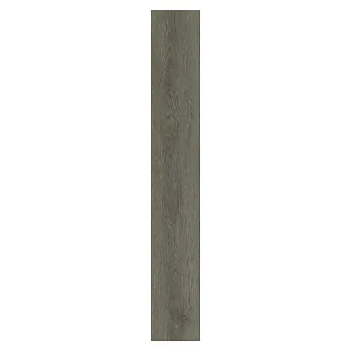 Oknum Suelo vinílico SPC Silver Grey - 1.220 x 182 x 5 mm, Gris - La imagen muestra una sola tabla de suelo laminado gris claro con una veta de madera visible. Es una opción de pavimento elegante.