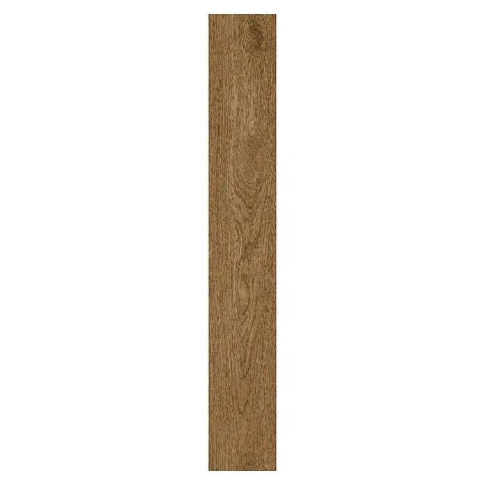 Suelo vinílico SPC Wood Dark - 1.220 x 180 x 4 mm, Marrón, Resistente al agua - Primer plano de una sola tabla de madera con un patrón de grano distinto y un color cálido, perfecto para suelos rústicos.