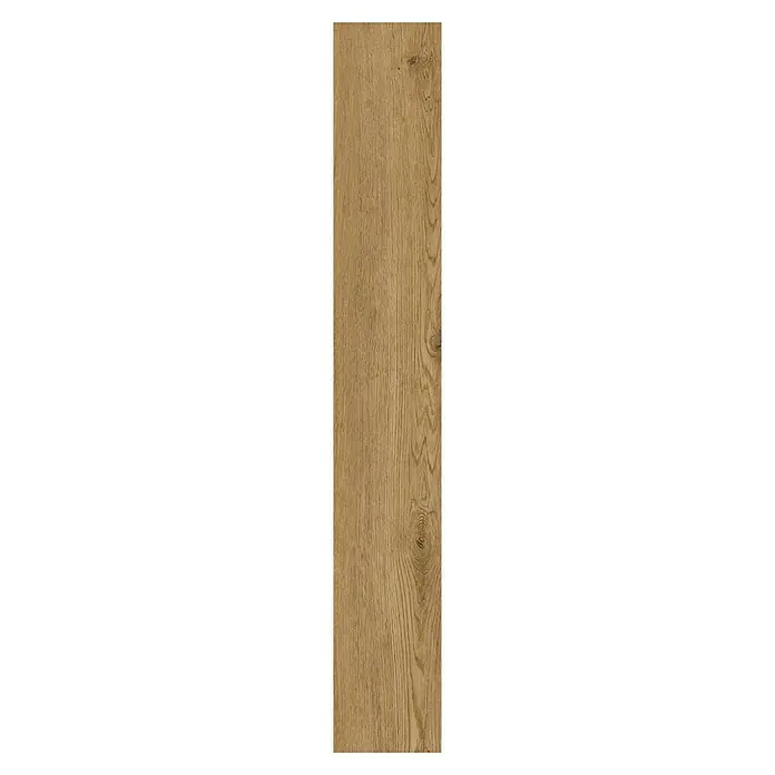Suelo vinílico SPC Roble Olver - 1.220 x 180 x 5,5 mm, Marrón, Resistente al agua - Primer plano de una lama de suelo laminado con textura de vetas de madera en tonos marrones cálidos, ofreciendo un aspecto natural y robusto.