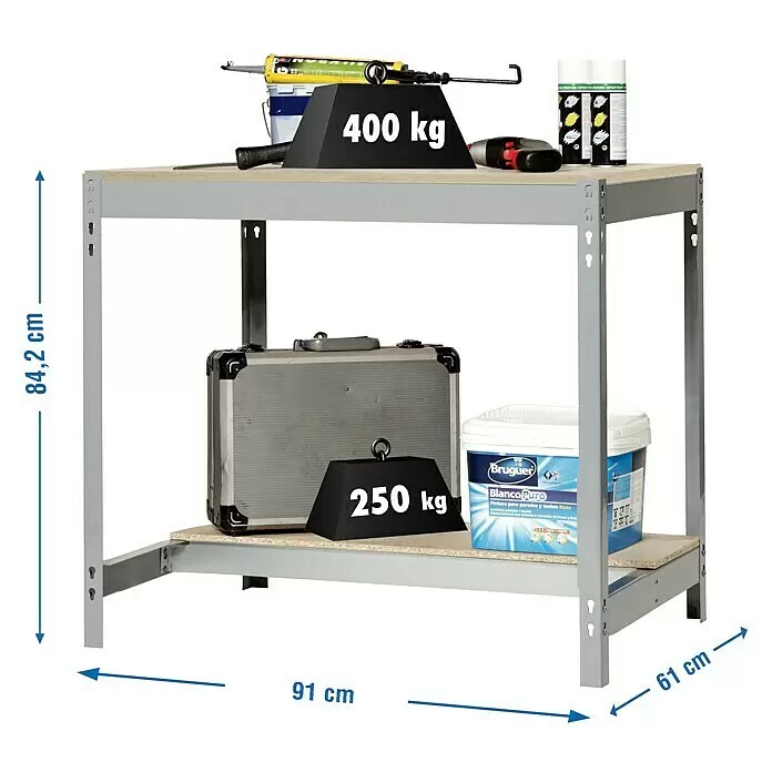 Simonrack Simonwork Banco de trabajo BT0 - L x An: 61 x 91 cm, Altura de trabajo: 84,2 cm, Carga soportada: 650 kg, Gris - Estantería metálica gris robusta con dos estantes de madera, mostrando capacidad de carga de 400 kg y 250 kg. Medidas: 84,2 x 91 x 61 cm.