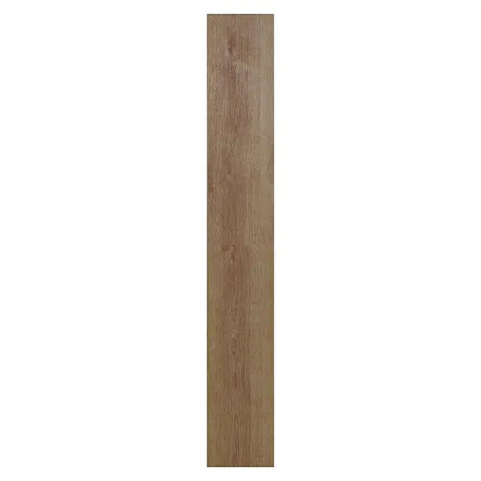 Suelo vinílico SPC Roble Baeza - 1.220 x 180 x 5,5 mm, Marrón, Resistente al agua - Vista detallada de un panel de madera que muestra tonos cálidos y naturales y distintos patrones de vetas para una apariencia de madera auténtica.