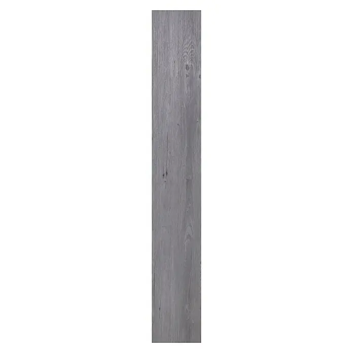 Suelo vinílico SPC Roble Arunda - 1.220 x 180 x 5,5 mm, Gris, Resistente al agua - Primer plano de una tabla de madera gris que muestra su grano, ideal para pisos, revestimientos de paredes o diseños de muebles rústicos.