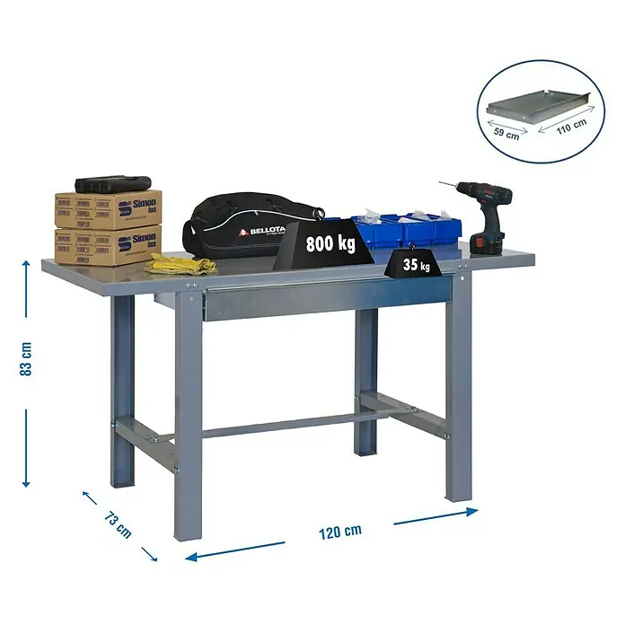 Simonrack Simonwork Banco de trabajo BT6 Box Metal - L x An: 73 x 120 cm, Altura de trabajo: 83 cm, Carga soportada: 635 kg, Gris - Banco de trabajo con una capacidad de carga de 800 kg, dimensiones: 120 cm de largo, 73 cm de ancho y 83 cm de alto.