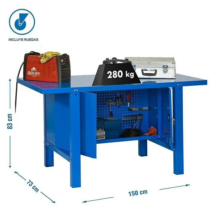 Simonrack Simonwork Banco de trabajo BT6 Cabinet Metal - L x An: 73 x 150 cm, Altura de trabajo: 83 cm, Carga soportada: 600 kg, Azul - Banco de trabajo azul con herramientas e indicación de peso. Las dimensiones están indicadas en la imagen.