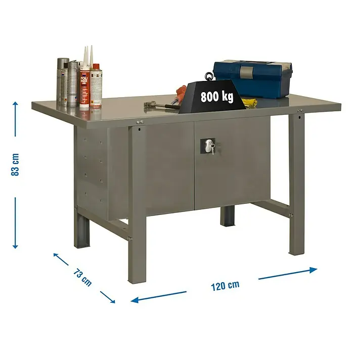 Simonrack Simonwork Banco de trabajo BT6 Cabinet Metal - L x An: 73 x 120 cm, Altura de trabajo: 83 cm, Carga soportada: 800 kg, Gris - Imagen del producto de un banco de trabajo con cajones y varias herramientas con dimensiones de 83 cm de altura, 73 cm de profundidad y 120 cm de longitud.