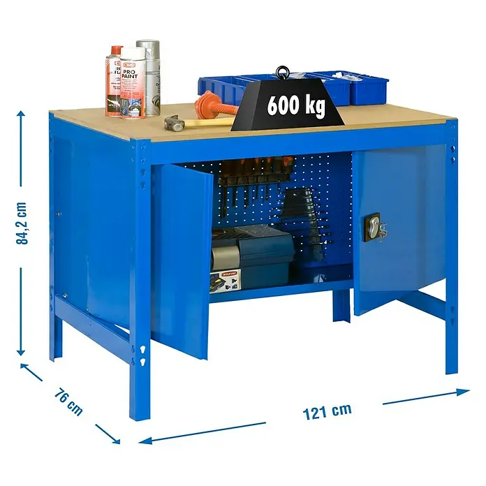 Simonrack Simonwork Banco de trabajo BT0 Locker - L x An: 76 x 121 cm, Altura de trabajo: 84,2 cm, Carga soportada: 600 kg, Azul - Banco de trabajo con estructura metálica azul, tablero de madera y compartimentos.