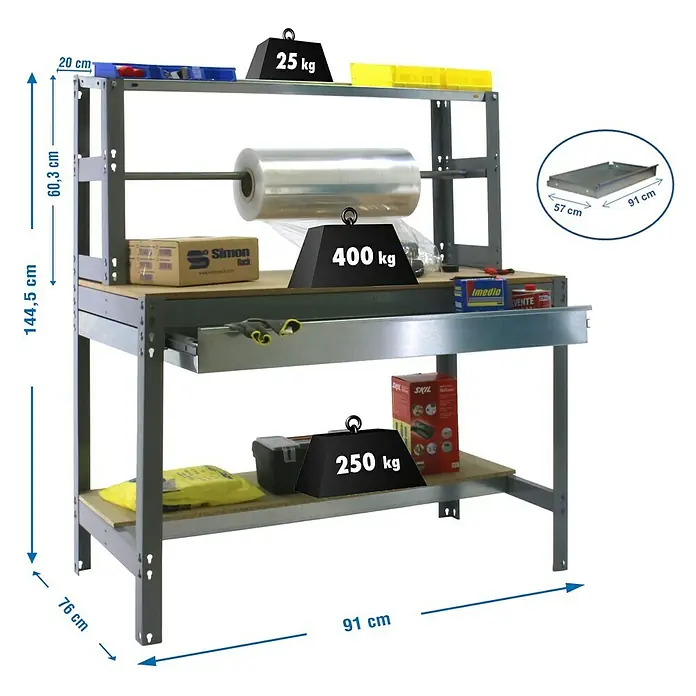 Simonrack Simonwork Banco de trabajo BT4 Box - L x An: 76 x 91 cm, Altura de trabajo: 144,5 cm, Carga soportada: 675 kg, Gris - Imagen de un banco de trabajo con unas dimensiones de 144,5 cm de alto, 91 cm de ancho y 76 cm de profundidad, cargado con pesos.