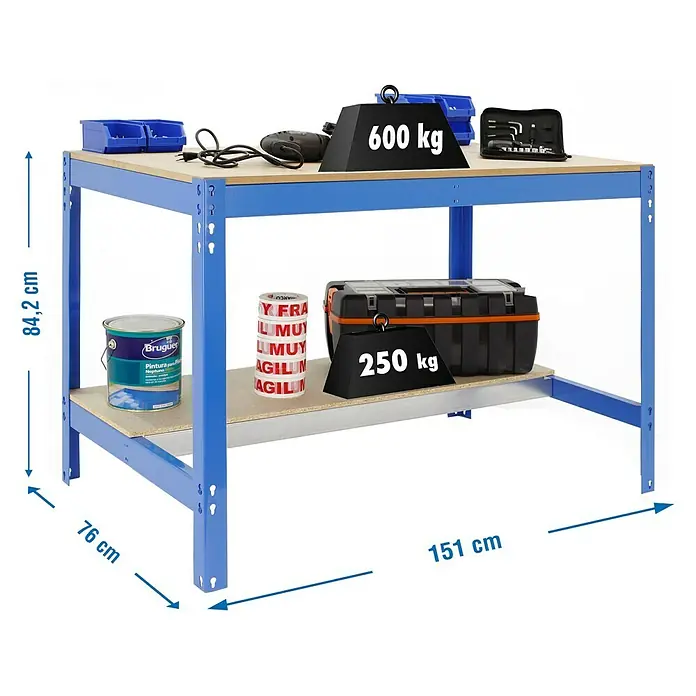 Simonrack Simonwork Banco de trabajo BT0 - L x An: 76 x 151 cm, Altura de trabajo: 84,2 cm, Carga soportada: 850 kg, Azul - Imagen de un banco de trabajo azul con una tapa de madera y un estante inferior con herramientas, pintura y pesas.