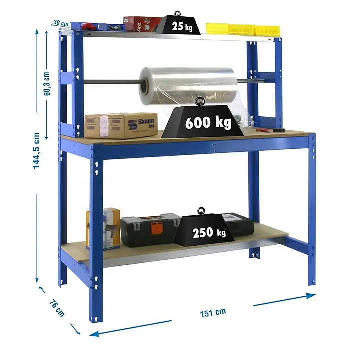 Simonrack Simonwork Banco de trabajo BT4 - L x An: 76 x 151 cm, Altura de trabajo: 144,5 cm, Carga soportada: 600 kg, Azul - Imagen de una mesa de taller azul con múltiples estantes, equipada con indicaciones de peso y dimensiones para necesidades de bricolaje.
