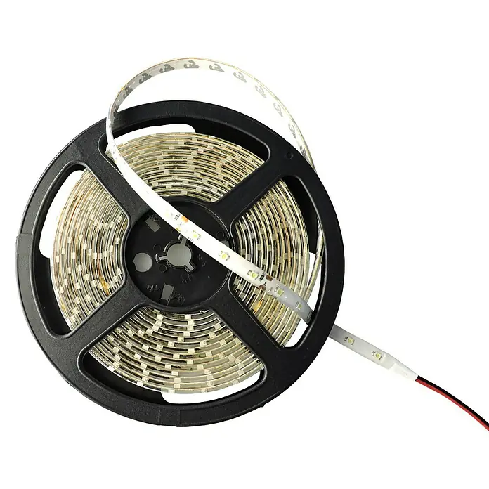 Alverlamp Tira LED - Largo: 5 m, Color de luz: Blanco cálido, 14,4 W, 1.080 lm, 24 V - Bobina con tira de LED flexible. La tira es blanca y se conecta con cables rojos y negros. Ilumine su habitación con nuestra tira de LED.