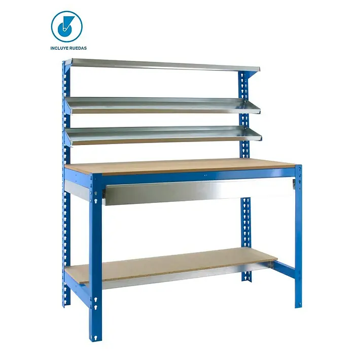 Simonrack Simonwork Banco de trabajo BT1 Box Mobile - L x An: 76 x 151 cm, Altura de trabajo: 152 cm, Carga soportada: 120 kg, Azul - Banco de trabajo con estanterías y panel inferior en azul y madera. Equipamiento práctico para el orden y el trabajo eficiente.