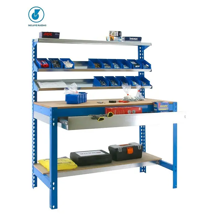 Simonrack Simonwork Banco de trabajo BT1 Box Mobile - L x An: 76 x 151 cm, Altura de trabajo: 152 cm, Carga soportada: 120 kg, Azul - Banco de trabajo con herramientas y accesorios. El banco de trabajo azul ofrece gran almacenamiento y una superficie robusta.