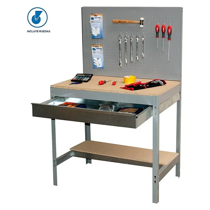 Simonrack Simonwork Banco de trabajo BT2 Box Mobile - L x An: 61 x 91 cm, Altura de trabajo: 144,5 cm, Carga soportada: 120 kg, Gris - Banco de trabajo con cajón, panel de herramientas y estante para taller o sala de hobbies. Ideal para trabajar y guardar herramientas.