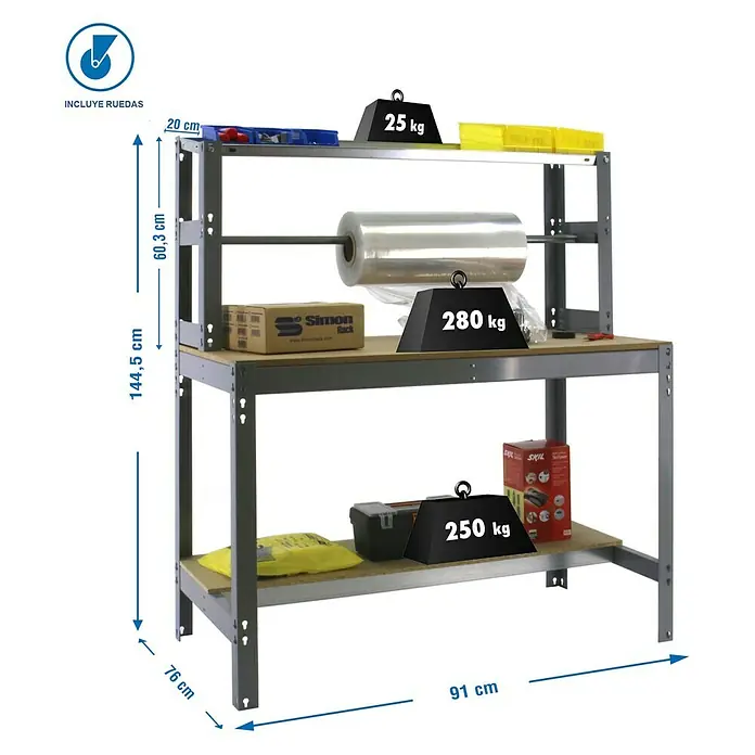 Simonrack Simonwork Banco de trabajo BT4 Mobile - L x An: 76 x 91 cm, Altura de trabajo: 156 cm, Carga soportada: 120 kg, Gris - Imagen de un banco de trabajo robusto con tres estantes, con una capacidad de carga de hasta 280 kg, ideal para talleres y almacenes.