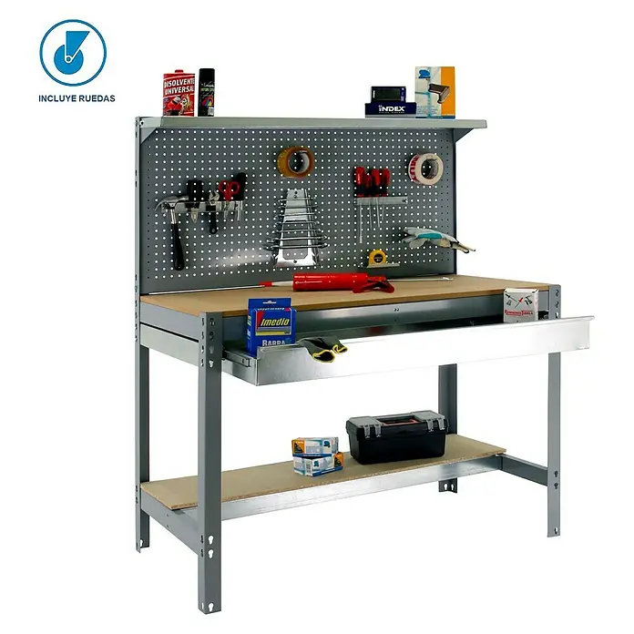 Simonrack Simonwork Banco de trabajo BT3 Box Mobile - L x An: 61 x 121 cm, Altura de trabajo: 144,5 cm, Carga soportada: 120 kg, Gris - Imagen de un banco de trabajo con panel de herramientas y cajón, ideal para aficionados y profesionales del bricolaje.