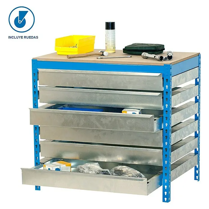Simonrack Simonwork Banco de trabajo BT5 Box Mobile - L x An: 76 x 120 cm, Altura de trabajo: 95 cm, Carga soportada: 280 kg, Azul - Armario de taller con varios cajones para guardar herramientas y accesorios. Construcción robusta para uso profesional.