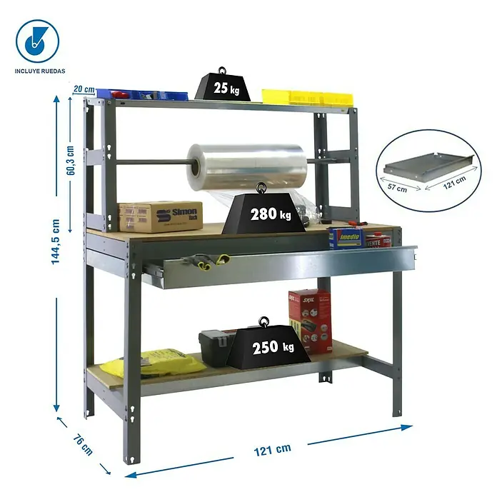 Simonrack Simonwork Banco de trabajo BT4 Box Mobile - L x An: 76 x 121 cm, Altura de trabajo: 144,5 cm, Carga soportada: 120 kg, Gris - Banco de trabajo con estantes y cajón, equipado con indicaciones de peso para ilustrar la capacidad de carga.