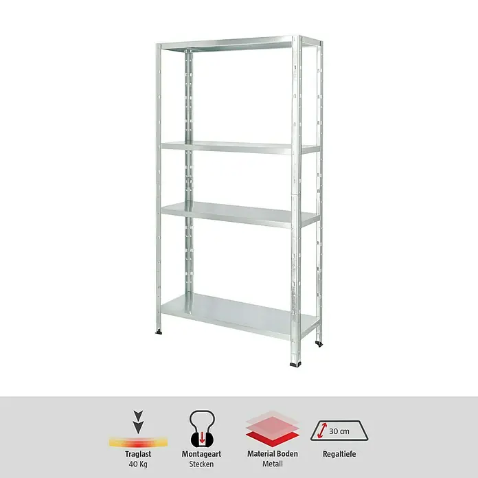 Regalux Metallregal - H x B x T: 160 x 84 x 30 cm, Traglast pro Boden: 40 kg, Anzahl Böden: 4 Stk., Stecken, Silber - Metallregal mit 4 Böden. Das Regal ist ideal für Lagerung und Organisation von Gegenständen. Belastbarkeit bis zu 40 kg pro Boden.