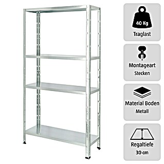 Regalux Metallregal (H x B x T: 160 x 84 x 30 cm, Traglast pro Boden: 40 kg, Anzahl Böden: 4 Stk., Stecken, Silber)