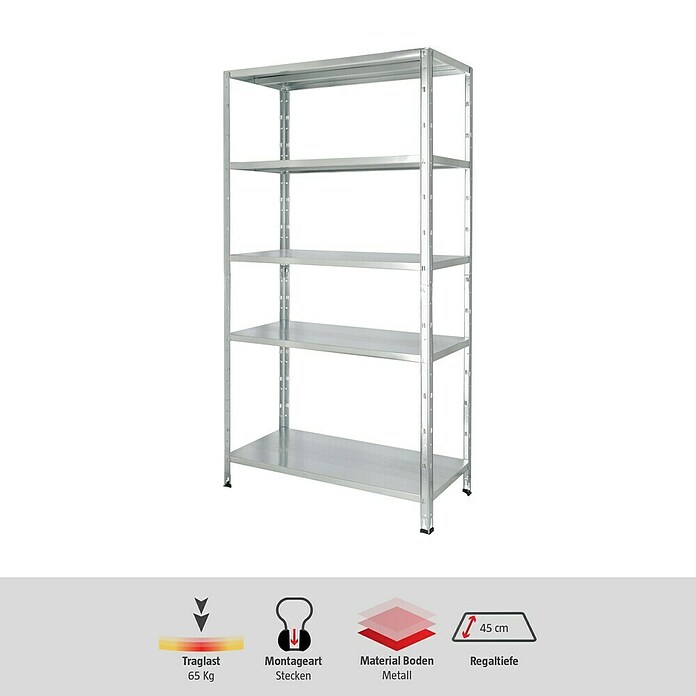 Regalux Metallregal (45 x 100 x 188 cm, Traglast: 65 kg/Boden, Silber)