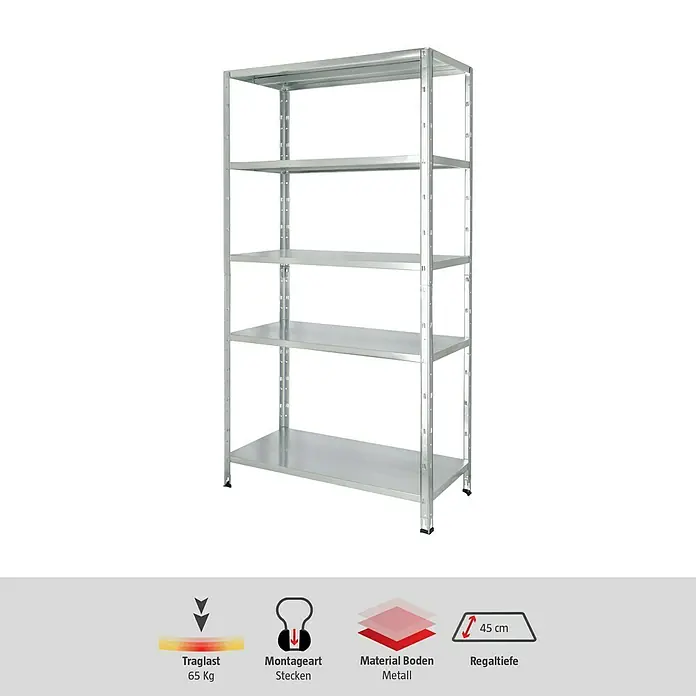 Regalux Metallregal - H x B x T: 188 x 100 x 45 cm, Traglast pro Boden: 65 kg, Anzahl Böden: 5 Stk., Stecken, Silber - Metallregal mit fünf Ablagen, ideal für Lagerung und Organisation. Robust und einfach zu montieren für vielseitige Einsatzbereiche.