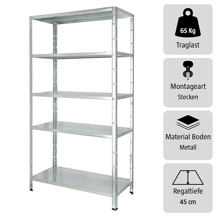 Regalux Metallregal (45 x 100 x 188 cm, Traglast: 65 kg/Boden, Silber)
