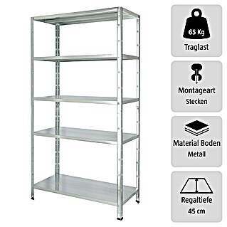 Regalux Metallregal (H x B x T: 188 x 100 x 45 cm, Traglast pro Boden: 65 kg, Anzahl Böden: 5 Stk., Stecken, Silber)