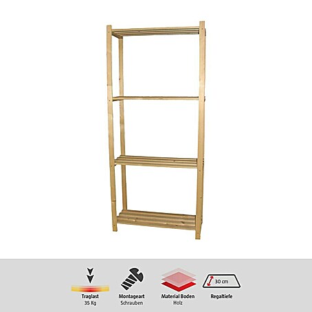 Regalux Regalsystem Heavy Holzregal (H x B x T: 170 x 75 x 30 cm, Traglast pro Boden: 35 kg, Anzahl Böden: 4 Stk., Schrauben, Natur)