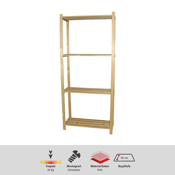 Regalux Regalsystem Heavy Holzregal - H x B x T: 170 x 75 x 30 cm, Traglast pro Boden: 35 kg, Anzahl Böden: 4 Stk., Schrauben, Natur - Abbildung eines Holzregals mit vier Regalböden, ideal für die Aufbewahrung und Organisation. Das Regal ist stabil und einfach zu montieren.