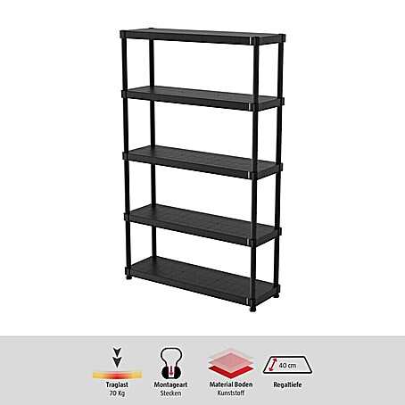 Regalux Kunststoffregal (H x B x T: 187 x 120 x 40 cm, Traglast pro Boden: 70 kg, Anzahl Böden: 5 Stk., Stecken, Schwarz)