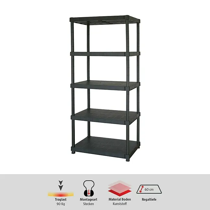 Regalux Kunststoffregal - H x B x T: 187 x 90 x 60 cm, Traglast pro Boden: 90 kg, Anzahl Böden: 5 Stk., Stecken, Schwarz - Produktabbildung: Das Regal mit 5 Böden ist ein stabiles, graues Kunststoffregal mit hoher Traglast von bis zu 90 Kg.