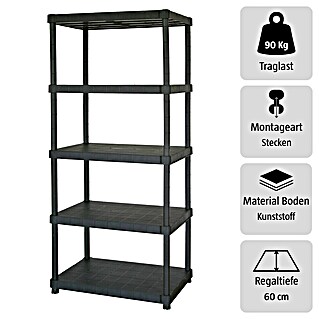Regalux Kunststoffregal (H x B x T: 187 x 90 x 60 cm, Traglast pro Boden: 90 kg, Anzahl Böden: 5 Stk., Stecken, Schwarz)