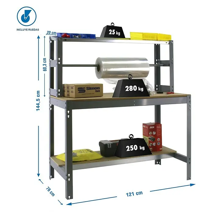 Simonrack Simonwork Banco de trabajo BT4 Mobile - L x An: 76 x 121 cm, Altura de trabajo: 144,5 cm, Carga soportada: 120 kg, Gris - Imagen de un banco de trabajo robusto con dos estantes, con indicaciones de peso para demostrar su capacidad de carga.