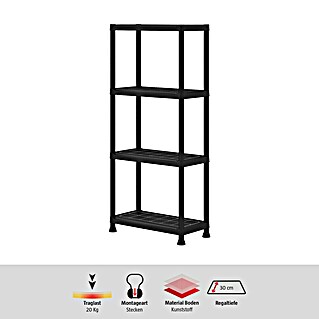 Regalux Kunststoffregal (H x B x T: 143 x 60 x 30 cm, Traglast pro Boden: 20 kg, Anzahl Böden: 4 Stk., Stecken, Schwarz)