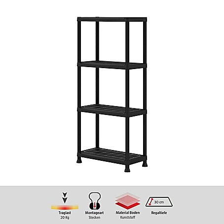 Regalux Kunststoffregal (H x B x T: 143 x 60 x 30 cm, Traglast pro Boden: 20 kg, Anzahl Böden: 4 Stk., Stecken, Schwarz)