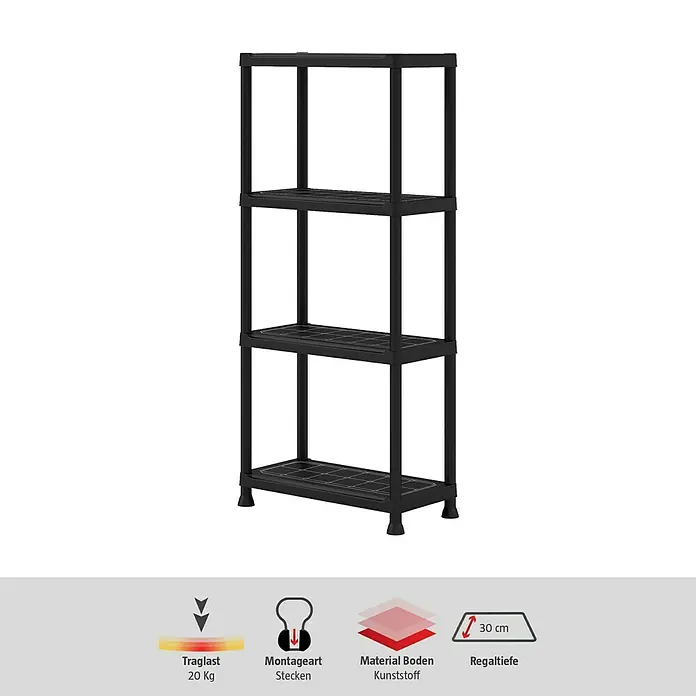 Regalux Kunststoffregal - H x B x T: 143 x 60 x 30 cm, Traglast pro Boden: 20 kg, Anzahl Böden: 4 Stk., Stecken, Schwarz - Schwarzes Kunststoffregal mit vier Ebenen. Ideal für zusätzliche Aufbewahrung in jedem Raum, robust und leicht zu montieren.