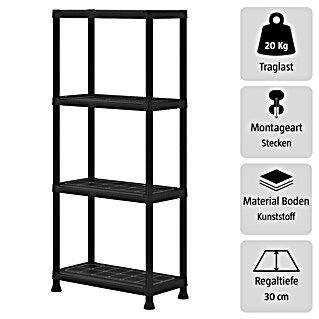 Regalux Kunststoffregal (H x B x T: 143 x 60 x 30 cm, Traglast pro Boden: 20 kg, Anzahl Böden: 4 Stk., Stecken, Schwarz)