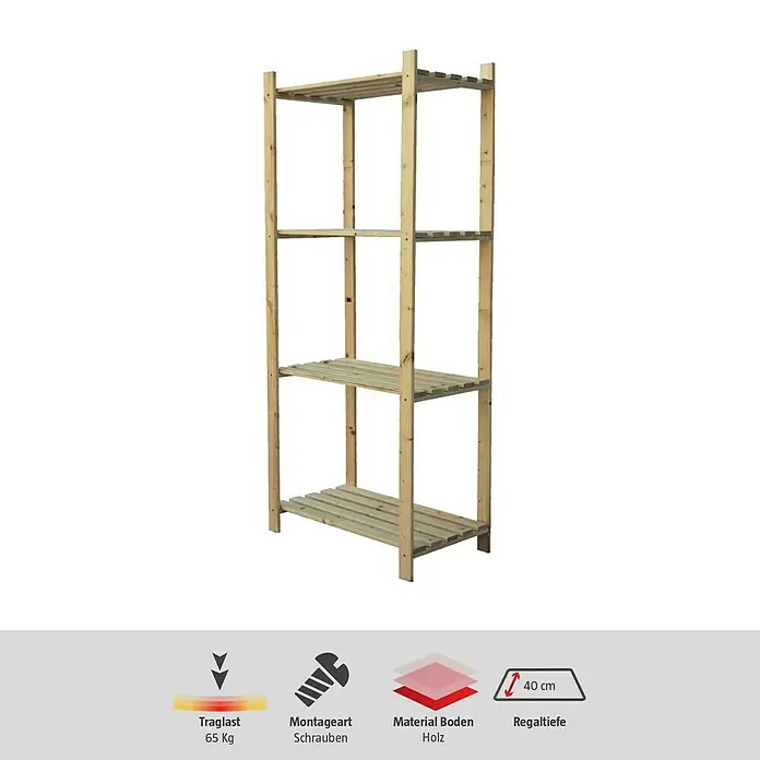 Regalux Regalsystem Heavy Holzregal - H x B x T: 170 x 75 x 40 cm, Traglast pro Boden: 65 kg, Anzahl Böden: 4 Stk., Schrauben, Natur - Holzregal mit vier Ablagen, Traglast 65 kg, Montageart Schrauben, Material Holz, Regaltiefe 40 cm.