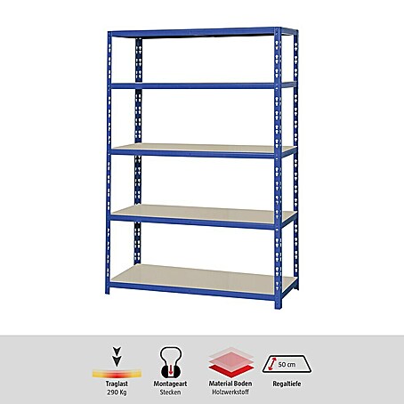 Regalux Schwerlastregal XL (H x B x T: 180 x 120 x 50 cm, Traglast pro Boden: 290 kg, Anzahl Böden: 5 Stk., Stecken, Blau)