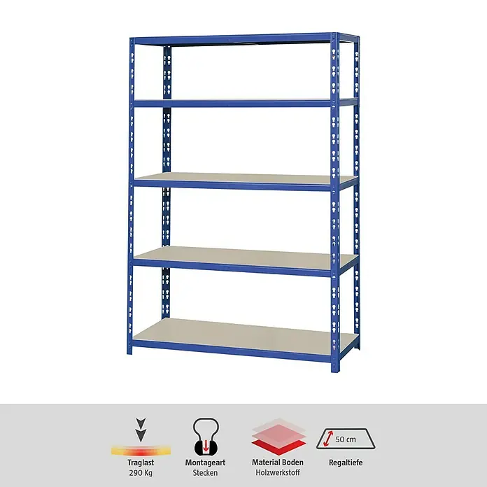 Regalux Schwerlastregal XL - H x B x T: 180 x 120 x 50 cm, Traglast pro Boden: 290 kg, Anzahl Böden: 5 Stk., Stecken, Blau - Abbildung eines blauen Metallregals mit fünf Holzwerkstoffböden. Das Regal ist robust und vielseitig.