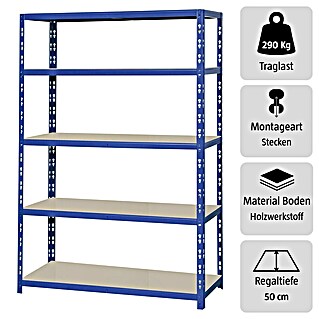 Regalux Schwerlastregal XL (H x B x T: 180 x 120 x 50 cm, Traglast pro Boden: 290 kg, Anzahl Böden: 5 Stk., Stecken, Blau)