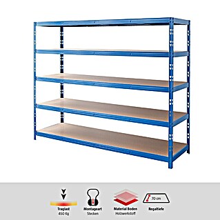 Regalux Schwerlastregal Mega (H x B x T: 200 x 240 x 70 cm, Traglast pro Boden: 450 kg, Anzahl Böden: 5 Stk., Stecken, Blau)