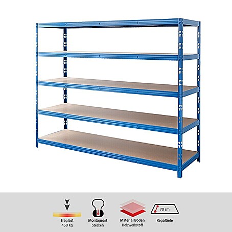 Regalux Schwerlastregal Mega (H x B x T: 200 x 240 x 70 cm, Traglast pro Boden: 450 kg, Anzahl Böden: 5 Stk., Stecken, Blau)